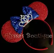 Minnie Mouse Shiny Red Ears Headband Blue Sequin Bow Sparkly Silver Tiara Cute