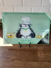 Glass Cutting Board/Placemat Master Chef Cat Design J. Garant Kitchen 11.75x8