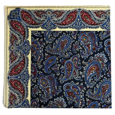 Navy Blue & Cream Paisley Ancient Madder Silk Pocket Square (Hand-Rolled)