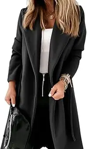 [Ladiyo] Womens Classic Coat Lapel Collar Open Front Belted Long Jacket
