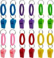 AFUNTA 12 Pack Loud Whistle, 6 Colors Plastic Whistle Stretchable Wrist Keych...