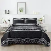 Andency Black Quilt Set Oversized King (118x120 Inch), 3 Pieces(1 Striped Triangle Printed Quilt and 2 Pillowcases), Bohemian Summer Lightweight Reversible Microfiber Bedspread Coverlet Sets