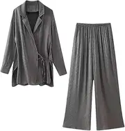 [Generic] Women's Thin Plus Size Shirt Wide Leg Pants Two-Piece Set Solid Color Lapel Casual Loose Silhouette Long Sleeved Shirt Set