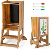 BABY JOY Toddler Standing Tower, 2-in-1 Toddler Kitchen Stool Helper w/Whiteboard & Chalkboard, 3 Water-based Pens, Adjustable Footstep & Platform, Kids Step Stool for 1 to 7 Years, 70KG Load Capacity