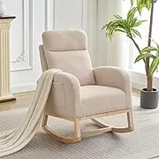 Attracoast Rocking Glider Chair for Nursery, Wingback Accent Rocker Chair Upholstered Tall Back Arm Chair w/Side Pockets, Ursing Rubber Wood Legs and Side Pocket for Living Room, Bedroom