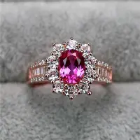 在飛比找Yahoo!奇摩拍賣優惠-戒指玫紅碧璽戒指女純銀鍍18K玫瑰金戴妃彩色寶石粉色