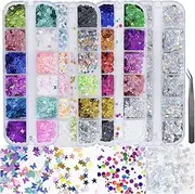 4 Boxes Holographic Nail Sequins Shapes Mixed Iridescent Glitter Flakes Butterfly Hearts Star DIY Design Manicure Nail Art Decorations Sets for Nail Art/Craft/Makeup (Style A)