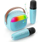 Mini Karaoke Machine Portable Bluetooth-Speaker with 2 Wireless Microphones-Blue