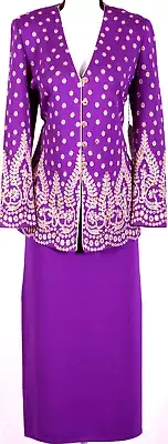 ST.JOHN Women Purple Gold Shimmer Studs Sequins Rhineston NWT Jacket Skirt Sz 12