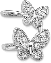 [JewelryWeb] 925 Sterling Silver Rhodium Plated CZ Simulated Diamond Double Butterfly Angel Wings Right Cuff Earrings 15x11m Ear-Cuff for Women