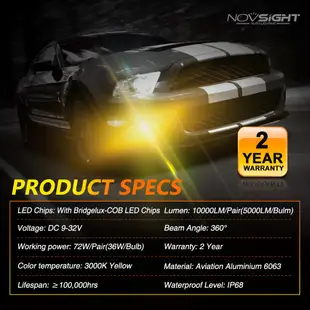 Novsight 一對 N12Y H11 汽車 LED 大燈霧燈 72W 10000LM 3000K 金黃色燈