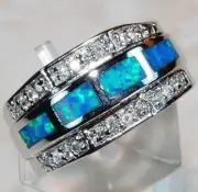 Australian Opal Inlay & White Topaz 925 Sterling Silver Ring Sz 7 AB663