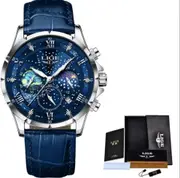 LIGE 2023 Top Luxury Brand Men Genuine Leather Sports Watches Men's Army Military Watch Male Date Quartz Clock Relogio Masculino (Blue)