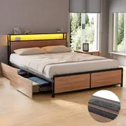Artiss Metal Bed Frame Queen Size with Storage Headboard & Drawers Built in Charging Station & LED