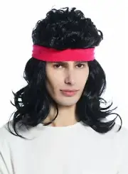 Wig Headband Carnival 80s 80er Mullet Action Star Chav Black