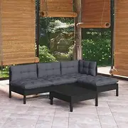 5-Piece Black Pinewood Garden Lounge Set with Cushions for Outdoor Patio