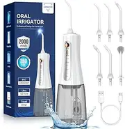 350ML Cordless Water Flosser, Water Dental Flosser Picks for Teeth Cleaning and Flossing with 6 Jet Tips & 5 Pressure Modes, 2000 mAh Rechargeable Powerful Oral Irrigator for Home Travel Use (White)