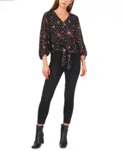 $79 Vince Camuto balloon sleeve floral print tie front Blouse Polyester Black M