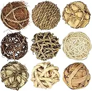 Kesywale 9pcs Rustic Decorative Balls for Centerpiece Bowls Vase Tray Fillers, 2.8 inch Assorted Wicker Rattan Balls Green Moss Orbs Spheres Home Table Decor (A)