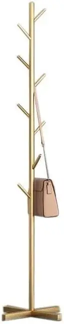 Modern Freestanding Metal Coat Rack Minimalist Gold Tree Stand with 8 Hooks for Hats, Coats & Bags