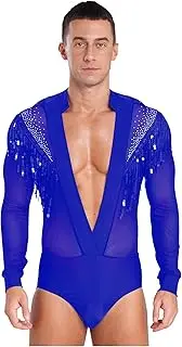 [Linjinx] Men's Shiny Rhinestones Latin Dance Shirt Sheer Mesh Patchwork Tassel Bodysuit BSamba Tango Training Leotards