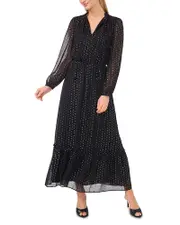 CeCe Tie Neck Balloon Sleeve Maxi Dress