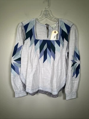 Sundance Quilted Top XS Patchwork Squareneck Weathered Blue Embroidered Peasant