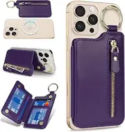 [Cavor] Compatible with MagSafe Wallet,Magnetic Wallet for iPhone 16 Pro Max/15 Pro/14 Plus/13/12 Series,Magnetic Card Holder with Adjustable Stand,Mag Safe Phone Wallet Zipper-Purple