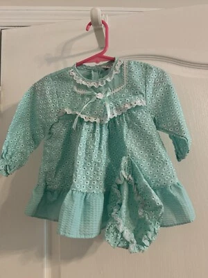 Jessica Baby 6m - 12m Mint Dress and Mob Cap Embellished. Button Fastening