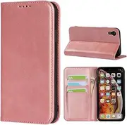 Cavor for iPhone XR Case Cowhide Pattern PU Leather Book Wallet Magnetic Kickstand Flip Cover Phone Cases with Card Slots(6.1") -Pink