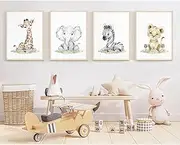 Safari Nursery Wall Art Decor Baby Animal Canvas Wall Art Woodland Nursery Wall Decor Kids Jungle Animal Pictures Safari Giraffe Elephant Tiger Prints for Room Bedroom Set of 4 12x16 Inch Unframed