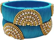 GOELX Festive Offer: Designer Handcrafted Ethnic Half Moon Silk Thread Bangles for Women in Turquoise Blue - 2.8