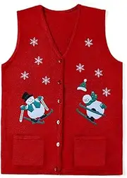 [SOLILOQUY] Christmas Vest for Women Reindeer Santa Snowman Embroidery Sweater Sleeveless Ugly Xmas Knit Tank Top