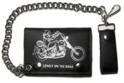 GENUINE LEATHER LONELY ON THE ROAD TRI-FOLD WALLET W SNAP ON CHAIN GI668 BIKER