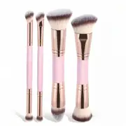 Pink and Glod Versatile 4pc Dual-Ended Makeup Brush Set - Soft Synthetic Bristles for Foundation Blush Contour Concealer