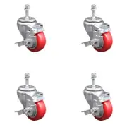 3 Inch SS Red Polyurethane Swivel 3/8 Inch Threaded Stem Caster Set Brake SCC