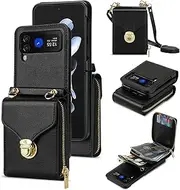 [UDBKKDX] Wallet Case for Samsung Galaxy Z Flip 4, Matte Leather with Viewing Stand Camera Lens Protection Shockproof Multiple Card Holders Cover Shoulder Straps Zipper case Cover