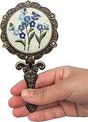 Leimandy Vintage Embroidered Handheld Mirror Makeup Mirrors Diameter 6cm Portable Compact Mirror for Purse Travel Packet Compact Mirrors Birthday Gift L4 (Blue ForgetMeNot)