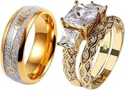 [ringheart] 2 Rings Yellow Gold Plated His and Hers Rings Couple Rings Cz 3pcs Womens Wedding Ring Sets Titanium Steel Mens Wedding Bands