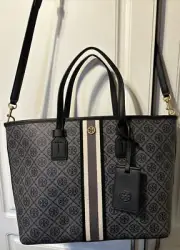 NWT~Tory Burch Small T Monogram Coated Canvas Tote $278 BLACK/008
