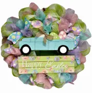 Happy Easter Truck With Pastel Eggs Handmade Deco Mesh Wreath
