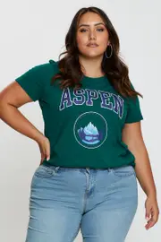 Green Graphic T-shirt Aspen Crew Neck Short Sleeve