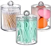 3 PACK Qtip Holder Dispenser for Cotton Ball, Cotton Swab, Cotton Round Pads, Floss Picks - 10 oz Clear Plastic Apothecary Jar Set for Bathroom Canister Storage Organization, Vanity Makeup Organizer