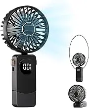 QILUCKY Portable Handheld Fan with lanyard, Small Portable Fan Rechargeable, Display Electricity in Real Time, 1200mAh, 90° Adjustable, 5 Speed Wind, USB Rechargeable Foldable Fan, Quiet Personal Fan
