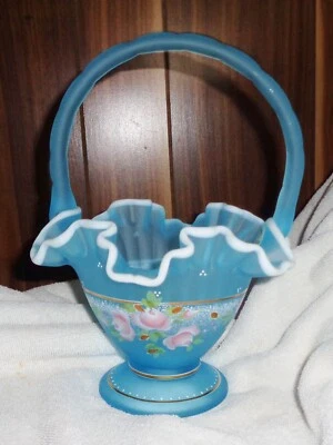 Signed Fenton 2002 Charleton Collection Art Glass Hand Painted Aqua Blue Basket