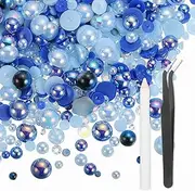 uxcell 100g Flatback Rhinestones, 3mm-10mm Mixed Rhinestones and Half Pearls with Pick Up Pen and Tweezer for Nail Art Crafts, Phone Case, Clothes DIY (Dark Blue/Light Blue)