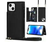 Iphone 15 Plus Case, RFID Blocking Iphone 15 Plus Wallet Case With Wrist Strap-Black
