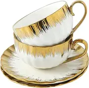 LETAOTAO Cappuccino Cups and Saucers, 7oz Ceramic Coffee Cups with Gold Trim, Tea Cups Set of 2, Turkish Coffee Cup Set for Double Espresso, Latte Cups, Cafe Mocha(White)