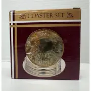 NEW Vintage Gold Tone Filigree Coaster Set – Set of 6 with Holder