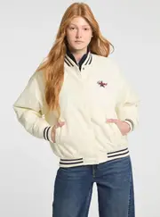 GUESS Women's Jeans White Embroidered Varsity Bomber Jacket Size: Large, Polyamide